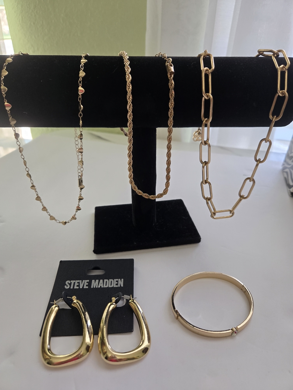 Gold-Tone Layered Necklace Set with Hoop Earrings and Bangle